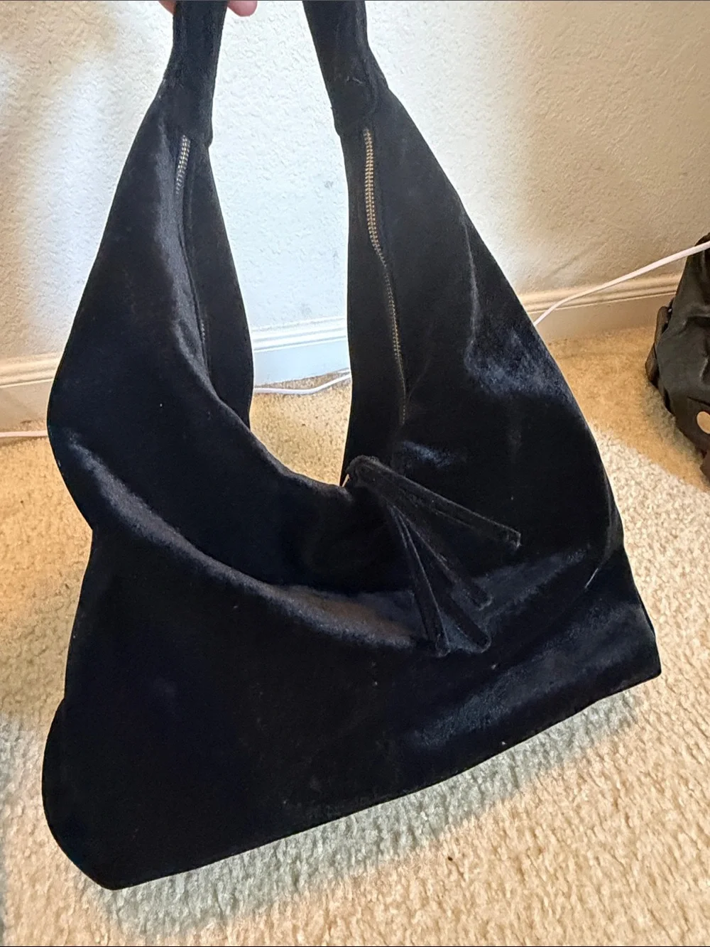 Tabitha Webb Black Velvet Slouchy Hobo Bag with Gold Hardware